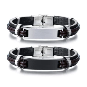 21,5 cm Herren Schwarz Echt Leder Armband Matt Edelstahl 10 mm Armreif Männlich - Bild 1 von 8
