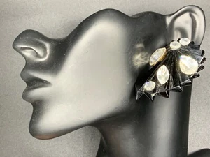 Large 1980'S BLACK and Clear CRYSTAL RHINESTONE CLIP-ON Earrings Statement Acryl - Picture 1 of 8
