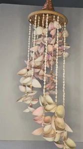 Vintage PINK Sea Shell Chandelier Boho Hanging Decor Wind Chime Cascading Spiral - Picture 1 of 7