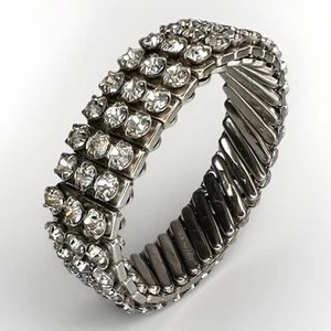 Vintage 1960s Stretch Bracelet Silver Tone Clear Rhinestones Prong Setting - Picture 1 of 6