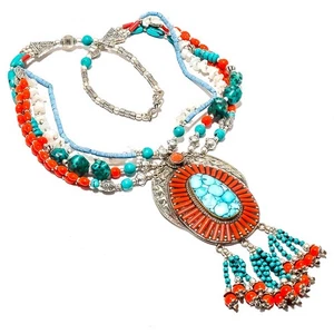 Turquoise & Red Coral Handmade Antique Design Tibetan Necklace 17.99" T9 - Picture 1 of 3