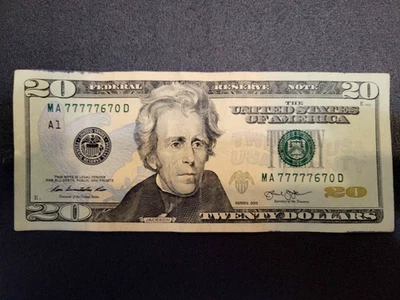 $20 TWENTY DOLLAR BILL LEADING FIVE IN A ROW 7s MA77777670D FANCY SERIAL NUMBER - Image 1 of 3
