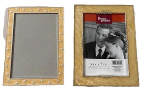 Picture Frames Enameled Yellow Pair Holds 5x7” Set Of 2 Pearls Beaded Rhinestone - Picture 1 of 7