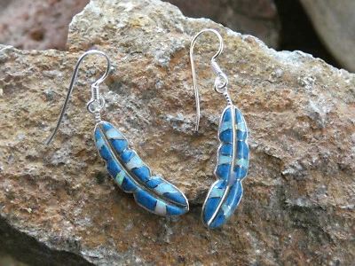 Feather Sterling Silver 925 Denim Lapis Gemstone & Opal Inlayed Earrings AA66 - Image 1 of 4