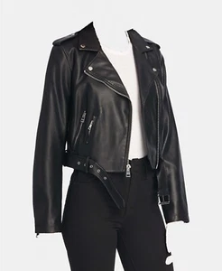 $680 Levi'S Women'S Black Zipper Front Faux Leather Belted Motojacket Size Small - Picture 1 of 2