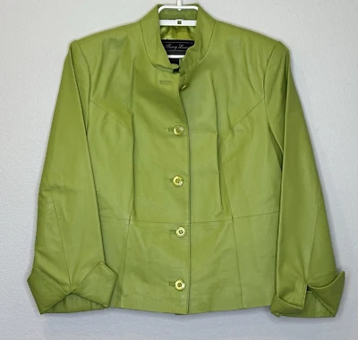 Terry Lewis Womens Leather Jacket Size Medium Green Button Front Roll Cuff Lined - Image 1 of 4
