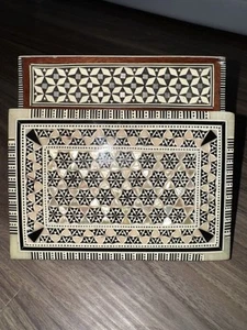 Vtg Moroccan Mosaic Inlay Mother Pearl Bone Marquetry Wood Trinket Jewelry Box - Picture 1 of 20