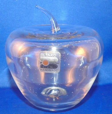 Blenko Art Glass Hand Blown Clear Apple Paper Weight Clear Stem and Blenko Label - Image 1 of 4