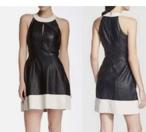 French Connection Echtleder Neckholder Kleid Schwarz Elfenbein 0 Schlüsselloch Fit Flare - Bild 1 von 11