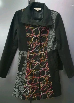 West Webb Vintage Fleece Coat Lined Size M Black Floral Abstract Color Block Y2K - Image 1 of 4