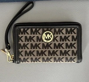 MICHAEL KORS FULTON NEGRO MARRÓN LOGOTIPO PULSERA CARTERA TELÉFONO ESTUCHE LONA CUERO - Imagen 1 de 10
