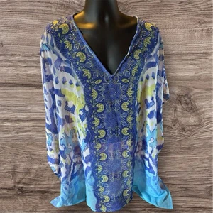Boho Caftán, Túnica, Blusa Encubrimiento Playa Verano 3x Azul Amarillo - Imagen 1 de 2