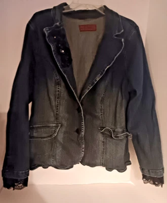 Blazer Denim Chaqueta Jean Mediana Adornada Con Cuentas Y2K Festival Lavado Oscuro Encaje Foto 1 de 4