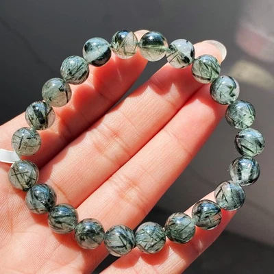 8.8mm Natural Green Tourmaline Rutilated Quartz Crystal Beads Bracelet 036 - Image 1 of 4