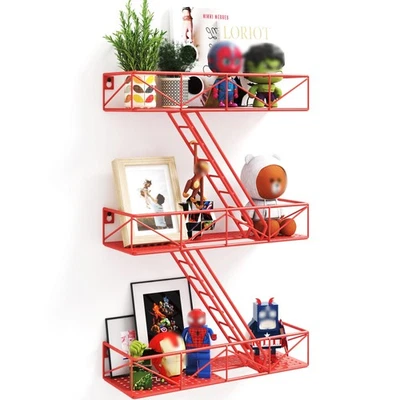 Fire Escape Shelf - 3 Tier Red Fire Escape Wall Shelf with Basket Wall Organi... - Image 1 of 4