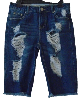 Pantalones Cortos Bermudas Grandes Para Mujer Hot Kiss Kelsea Azul Desgastado Rasgado Foto 1 de 4