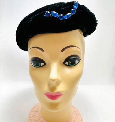 Sombrero Fascinator Antiguo Vintage Terciopelo Azul Marino Años 50 1960 con Detalle de Estrás Azul Foto 1 de 4