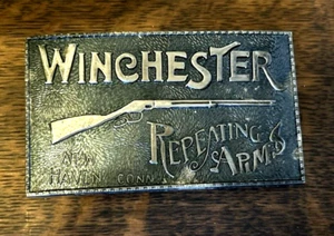 Vintage WINCHESTER Belt Buckle Repeating Arms Lever Rifle Metal New Haven Conn. - Picture 1 of 3