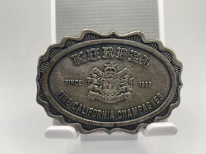 VINTAGE 1862 **KORBEL FINE CALIFORNIA CHAMPAGNES** BOOZE PEWTER BUCKLE - Picture 1 of 7