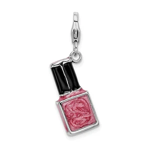 Amore La Vita Silver Polished 3-D Enameled Pink Nail Polish Bottle Charm with F - Picture 1 of 4