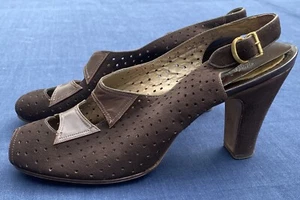 Walk Over schokobraune perforierte Wildleder-Heels offene Zehenpartie Vintage 1940 Größe 7-8 - Bild 1 von 24