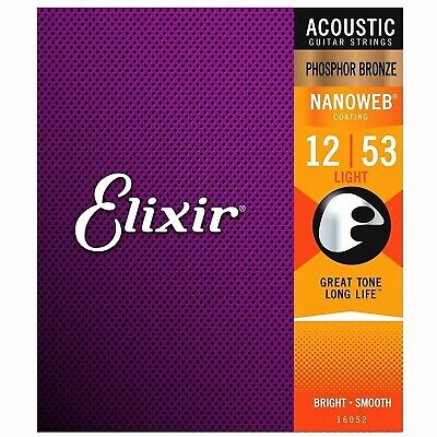 1 Set Elixir 16052 Nanoweb Acoustic Guitar Strings Light 12-53 Phosphor Bronze • 8.49$