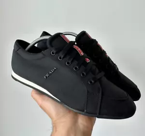 Auth! PRADA black nylon sneakers red tab linea rossa US 7.5 4E3234 - Picture 1 of 9