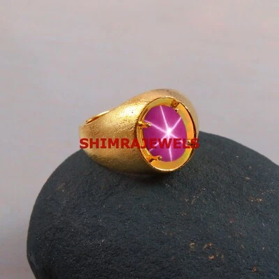 Lab Created Linde Star Ruby With 18K Gold Plated Silver Men's Ring #1106 - Image 1 of 4