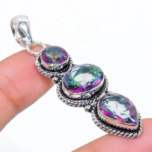 Mystic Topaz Gemstone Handmade 925 Sterling Silver Jewelry Pendant Size 2" - Picture 1 of 1