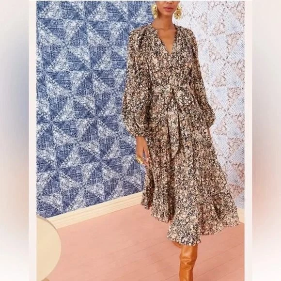 Ulla Johnson Anzu Marble Midi Dress Black Brown Ivory size 8 - Image 1 of 4