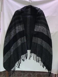 Vtg Rampage Hooded Shawl Scarf Wrap Cape Fringe Trim Black Grey Lightweight ￼￼ - Picture 1 of 9