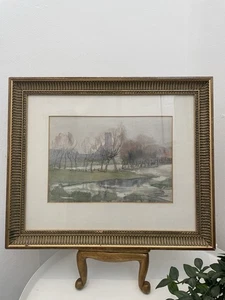 Vintage Original Watercolour Landscape Framed Rain Mist Church View Gallery Wall - Picture 1 of 4