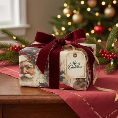 Papel de envolver vintage de Navidad de Papá Noel - envoltura clásica de regalo navideño Foto 1 de 4