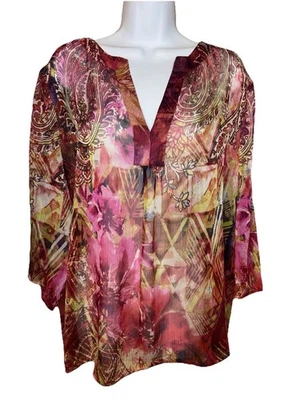 Blusa para mujer Chico talla 3 XL semi transparente túnica boho rosa manga 3/4 cuello en V Foto 1 de 4