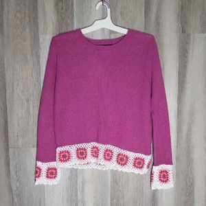 Joseph A Womens Medium Pink Knit Sweater Crocheted Granny Square Cotton Colorful - Picture 1 of 7