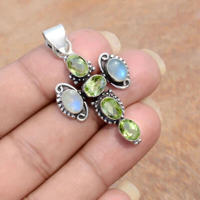 Faceted Peridot & Moonstone Gemstone Pendant 925 Sterling Silver Simple Cross - Image 1 of 4