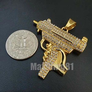 HIP HOP ICED GOLD TONE MACHINE GUN STAINLESS STEEL FASHION CHARM PENDANT S12 - Picture 1 of 3