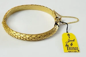BRACCIALE VINTAGE CORONA TRIFARI ORO SPAZZOLATO CON CATENA DI SICUREZZA, NUOVO CON ETICHETTA - Foto 1 di 3