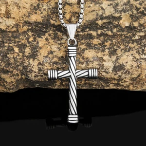 Vintage Cross Mens Pendant Necklace Religious Stainless Steel Necklace Men Retro - Picture 1 of 5