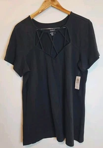 TORRID Black Tunic Top Criss Cross Neckline Size 3 Short Sleeves V Neck Stretch - Picture 1 of 4