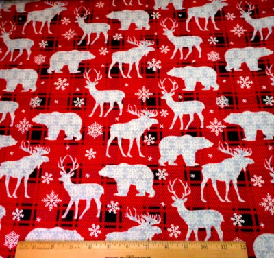 Christmas Fabric By Yard Woodland Animals Snowflakes on Red Premium Cotton #24 C - Image 1 of 2