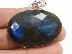 Christmas Gift Labradorite Brass Pendant Faceted Cabochon Multi Fire Jewelry - Picture 1 of 9