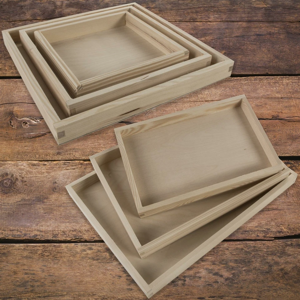 Plain Pine Wood Display Unit Open Box Shallow Slim Tray Desk Organiser | 6 Sizes - Image 1 of 2