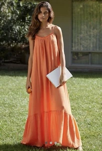 Anthropologie Malika Guaze Printed Maxi Dress Sz M Bright Orange Resort NWT - Picture 1 of 10