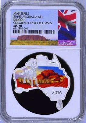 Australia MAP SHAPED COIN 2016 DINGO 1 oz $1 Silver Coin NGC MS70 ER NEW LABEL - Image 1 of 4