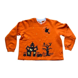 Weißer Hirsch Halloween Pullover 22W/24W Spukhaus Bäume Kürbisse orange Hexe - Bild 1 von 5