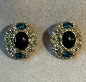 VTG Gold Tone Multi Color Stone Clip On Earrings  - Picture 1 of 5