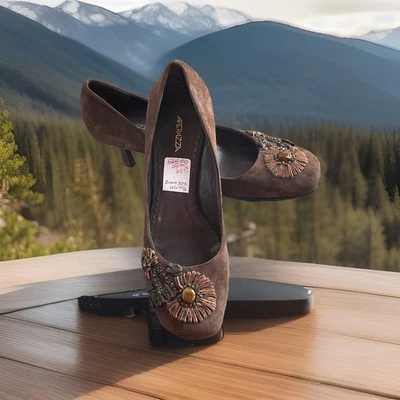 Zapatos Apepazza Gamuza Cuero Cinta y Cuentas Bordados Floral Marrón Talla 37.5 Foto 1 de 4