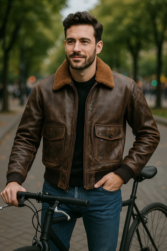 Men’s G-1 Navy Flight Jacket – Real Goatskin Leather Pilot Bomber Coat with Fur - Image 1 of 4