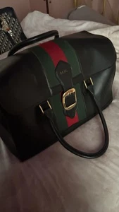 RARE Vintage 【GUCCI】 Boston Travel Bag Sheer Line Black Leather - Picture 1 of 13